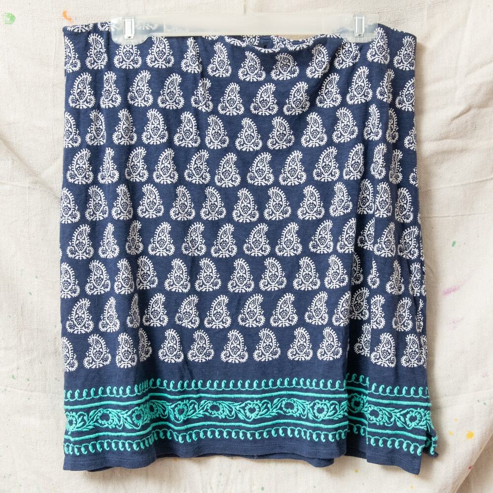 Talbots Sz L Petite Miniskirt Navy Green Embroidered Batik Print Cotton Modal